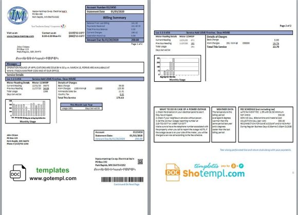USA Minnesota Itasca-Mantrap electricity utility bill download example in Word and PDF format (2 pages)