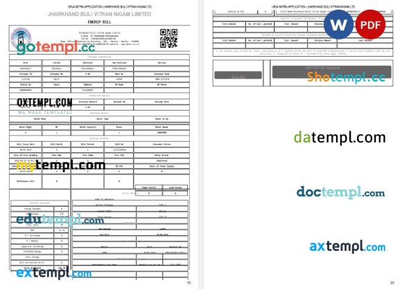India Jharkhand Bijli Vitran Nigam Ltd. utility bill Word and PDF template, 2 pages