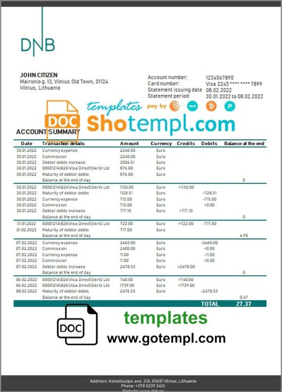 Lithuanian (Litva) DNB bank statement 3 - 6 months example in Word and PDF format