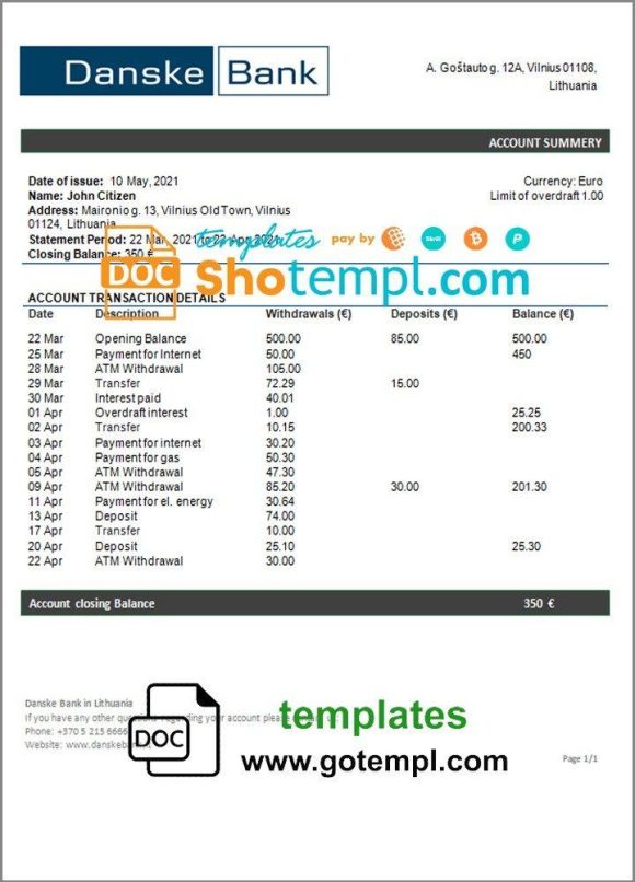 Lithuanian (Litva) Danske bank statement 3 - 6 months example in Word and PDF format