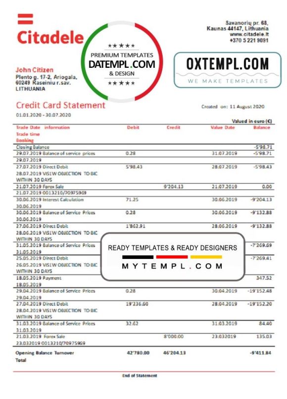 Lithuanian (Litva) Citadele bank credit card statement example in Word and PDF format