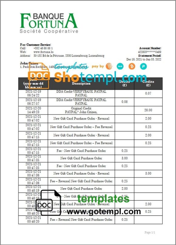 Luxembourg Fortuna Banque bank proof of address statement example in Word and PDF format, .doc and .pdf format
