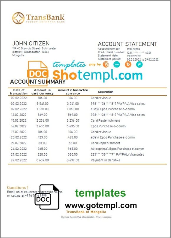 Mongolian Transbank bank statement 3 - 6 months example in Word and PDF format