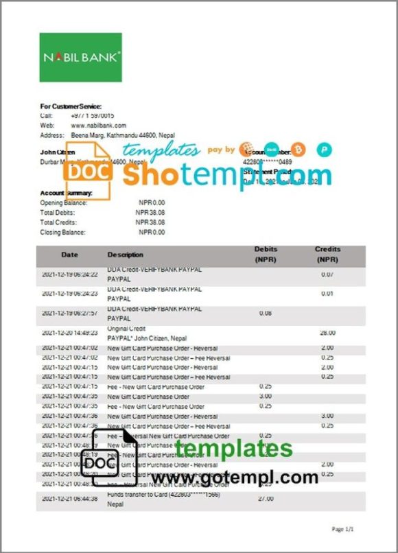 Nepali Nabil Bank bank statement 3 - 6 months example in Word and PDF format
