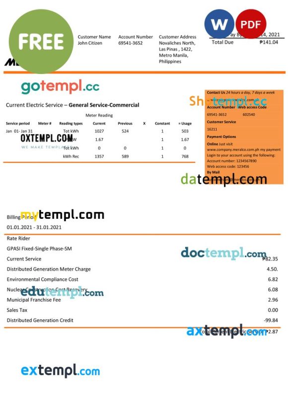Philippines Manila Electric Company (Meralco) electricity utility bill download Word and PDF example