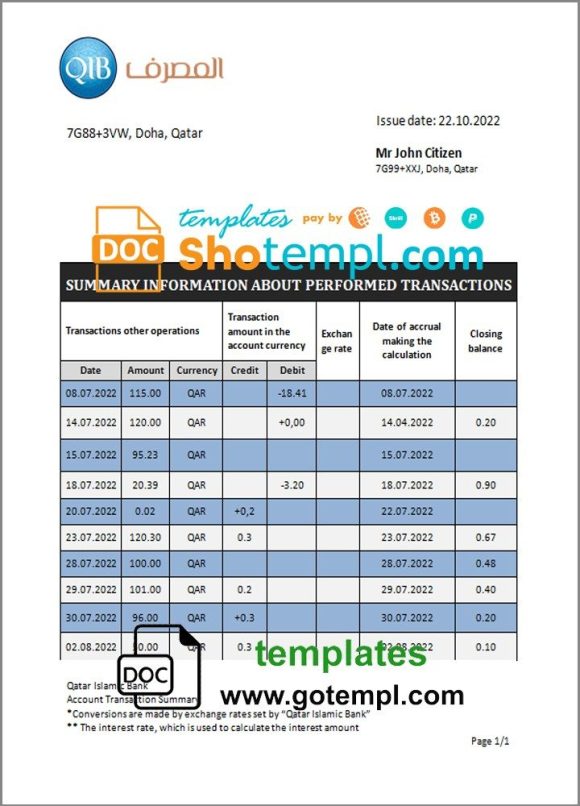 Qatari Qatari Islamic Bank statement example in Word and PDF format