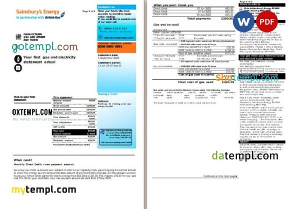United Kingdom Sainsbury's Energy (British Gas) bill, Word and PDF example, 3 pages
