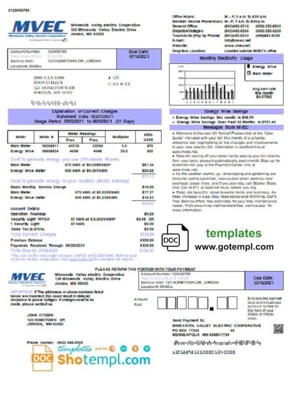 USA Minnesota Valley Electric Cooperative (MVEC) utility bill download example in Word and PDF format