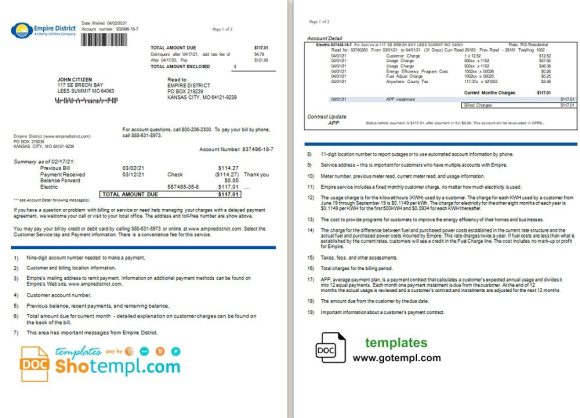 USA Empire District Electric Company utility bill download example in Word and PDF format (2 pages)