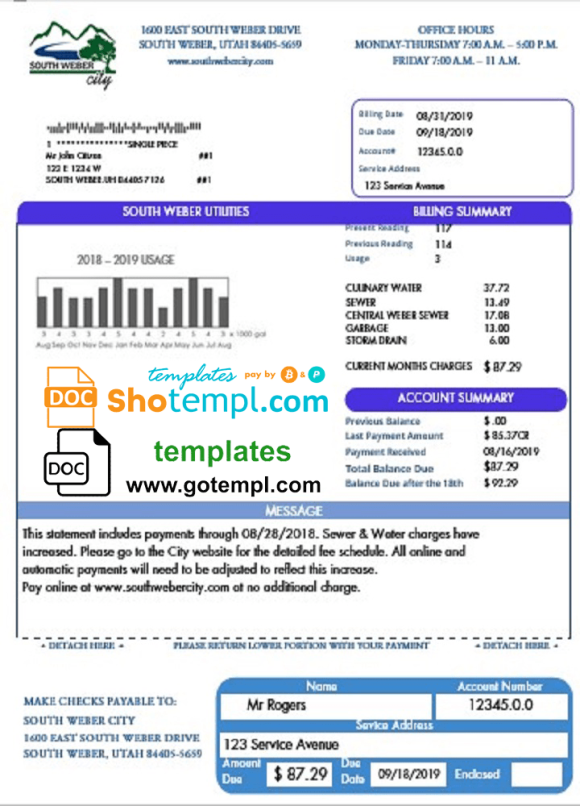 USA South Weber City Utah water utility bill download example in Word and PDF format