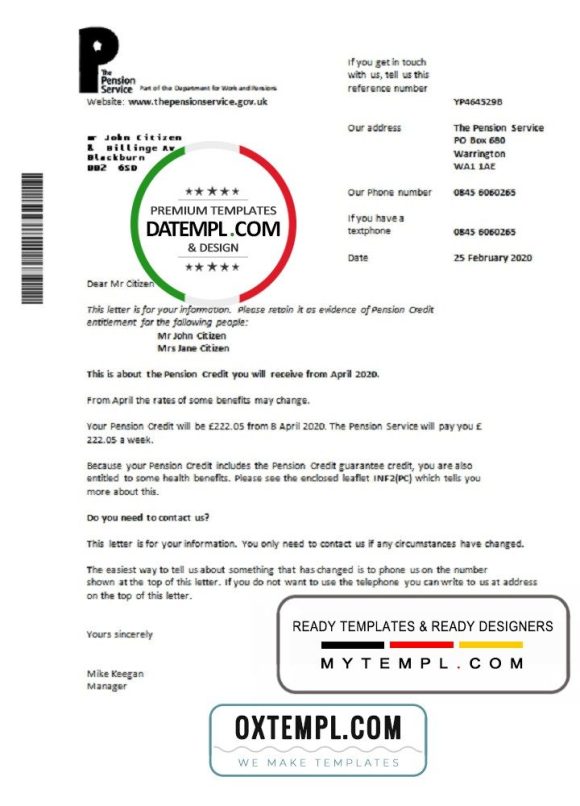 United Kingdom The Pension Service bank proof of address statement example in Word and PDF format