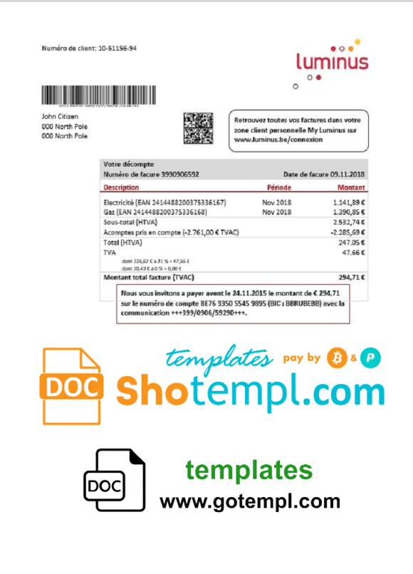 Belgian Luminus utility bill download example in Word and PDF format (in .doc and .pdf format)