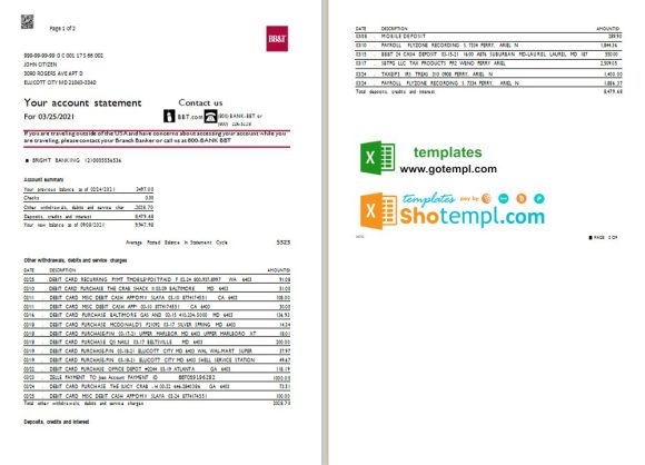 USA North Carolina BB&T Corp. bank statement 3 - 6 months example in Excel and PDF format (2 pages)