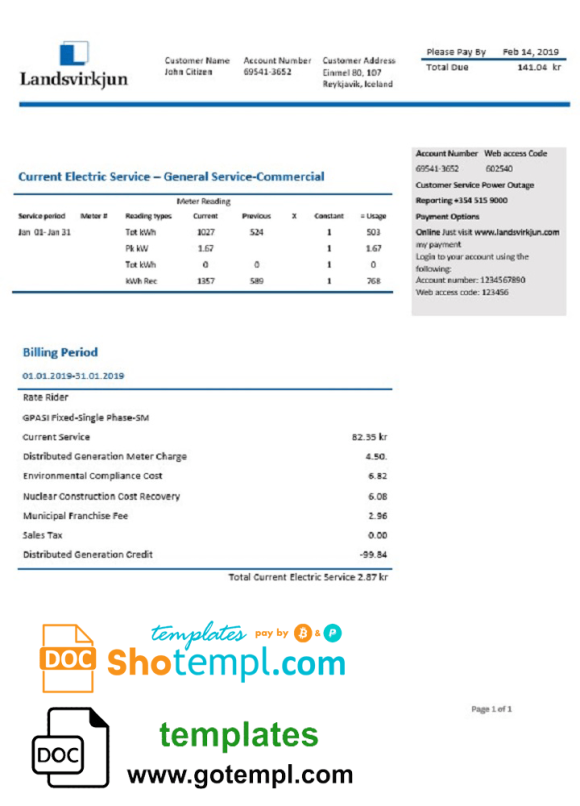 Icelandic National Power Company of Icelandic Landsvirkjun electricity utility bill download example in Word and PDF