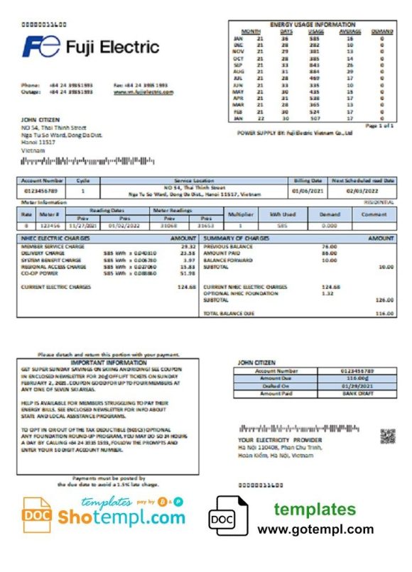 Vietnam Fuji Electric Vietnam Co. utility bill download example in Word format