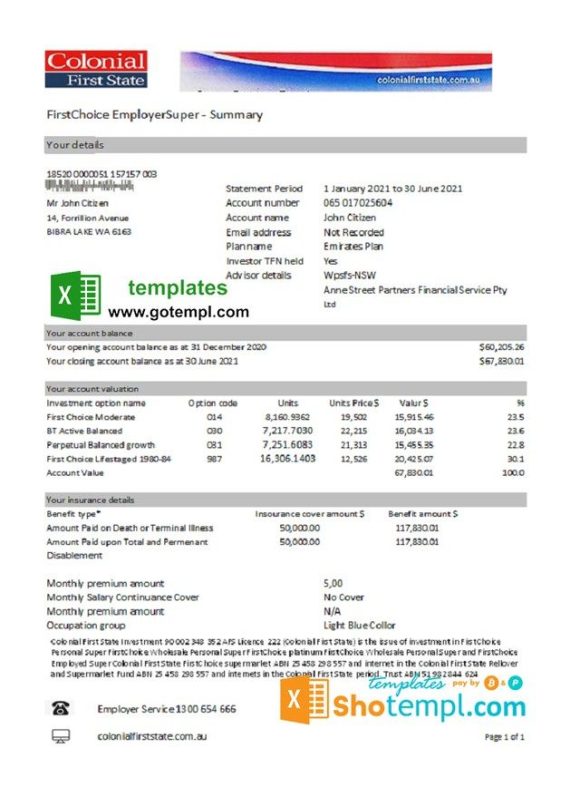 Australian Colonial First State Bank statement example in Excel and PDF format, fully editable