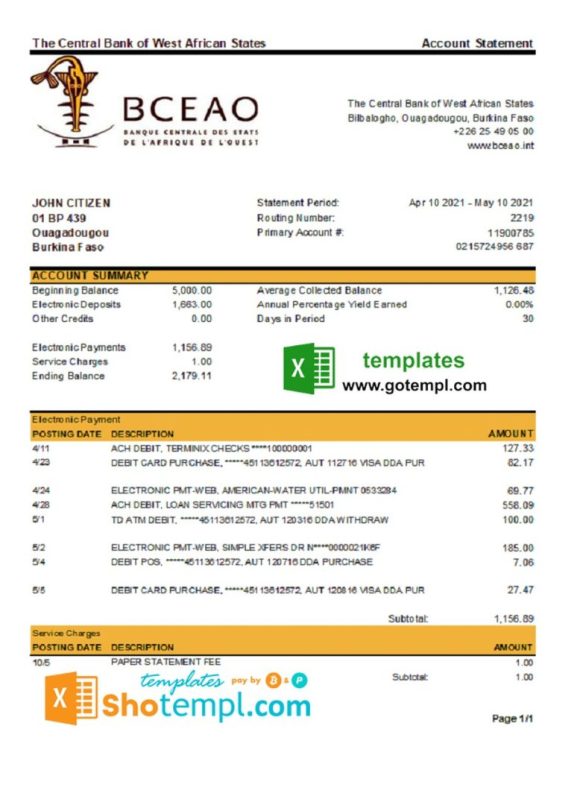 Burkinabé The Central Bank of West African States bank statement 3 - 6 months easy to fill example in Excel and PDF format