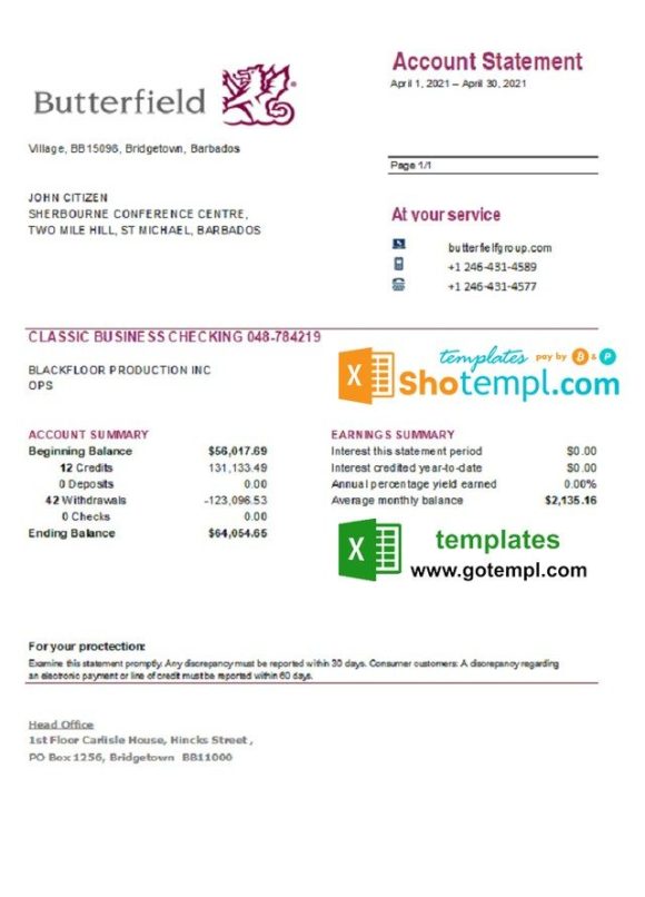 Barbadian Butterfield bank statement 3 - 6 months easy to fill example in .xls and .pdf file format