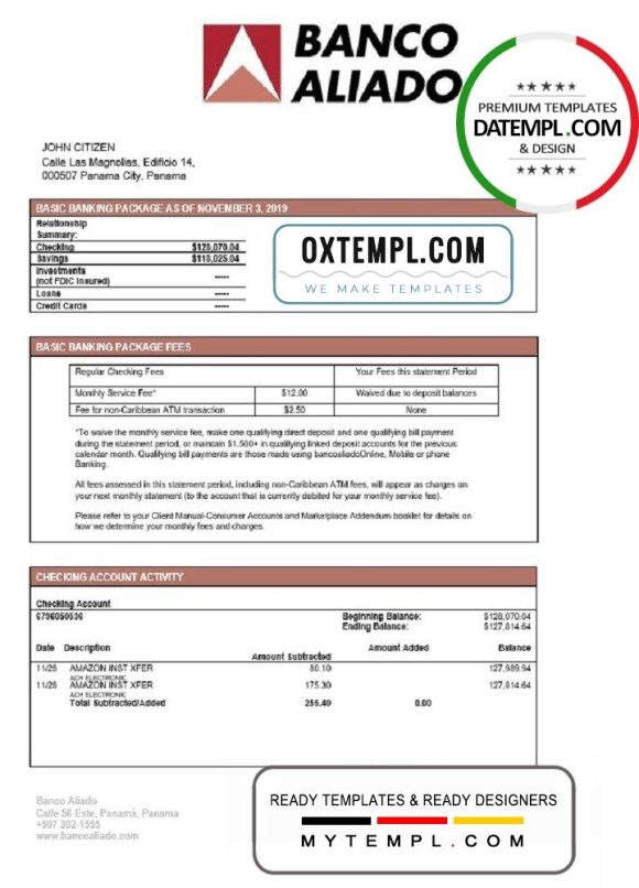 Panamanian Banco Aliado bank statement 3 - 6 months example, Word and PDF format (.doc and .pdf)