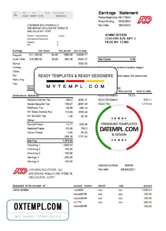 USA ADP business corporate earnings statement example in .xls and .pdf file format