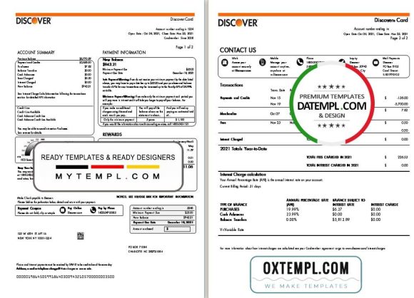 USA Discover bank credit card statement example in Word and PDF format (2 pages)