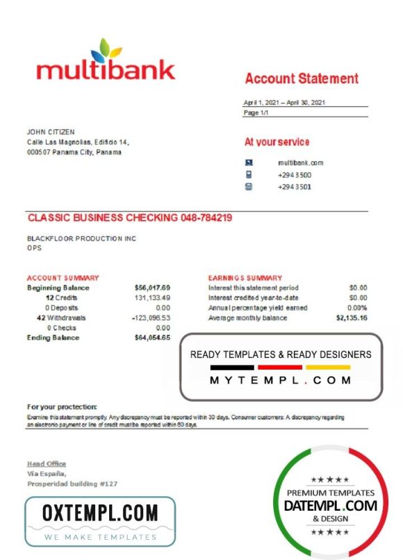 Panamanian Multibank bank statement 3 - 6 months easy to fill example in .xls and .pdf file format