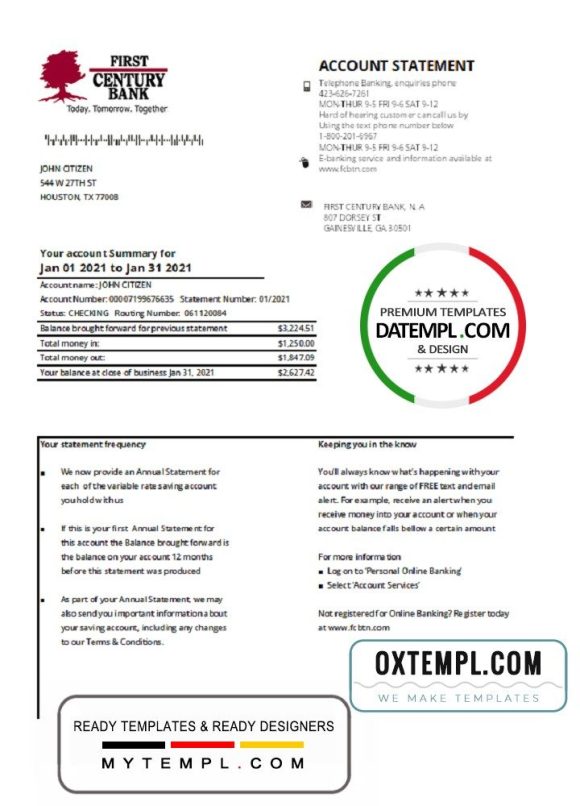 USA Georgian Gainesville First century bank statement 3 - 6 months example in .xls and .pdf file format