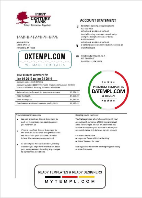 USA Georgian Gainesville First Century bank proof of address statement example in Word and PDF format
