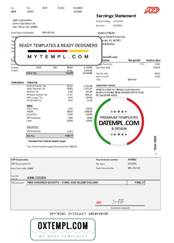 USA ADP Earnings statement example in .xls and .pdf file format