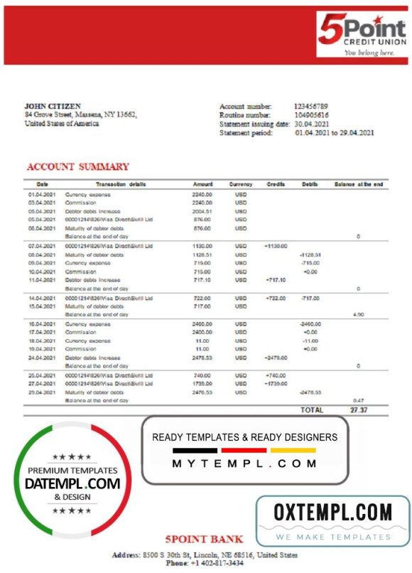 USA Texas 5Point Credit Union bank statement 3 - 6 months example in Word and PDF format
