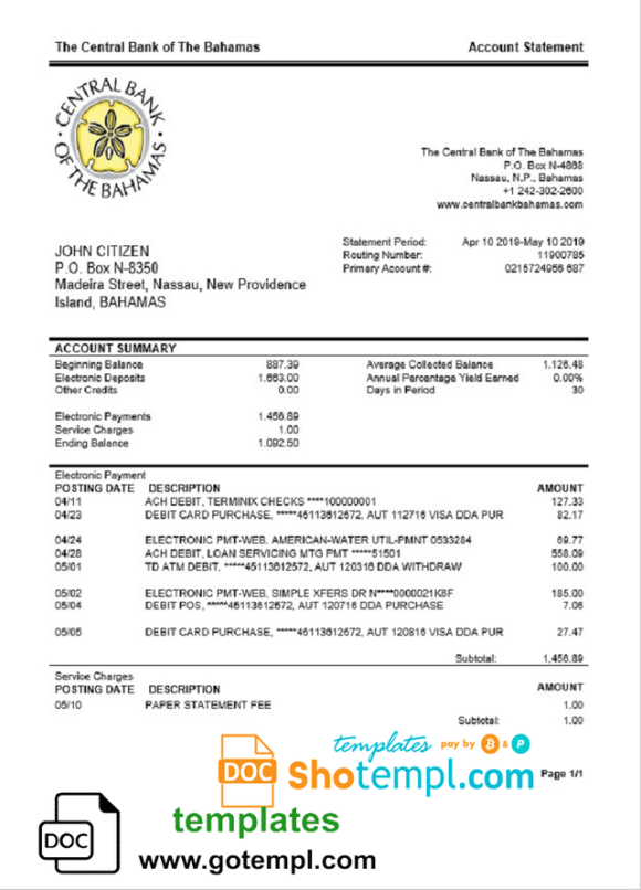 Bahamas The Central Bank of Bahamian bank statement 3 - 6 months example in Word and PDF format, good for address prove