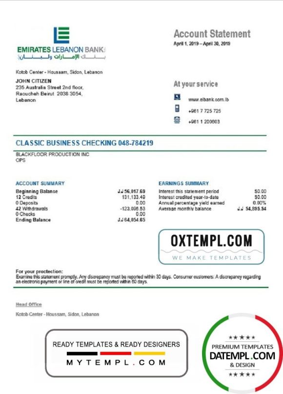 Lebanese Emirates Lebanese Bank statement example in Word and PDF format, good for address prove