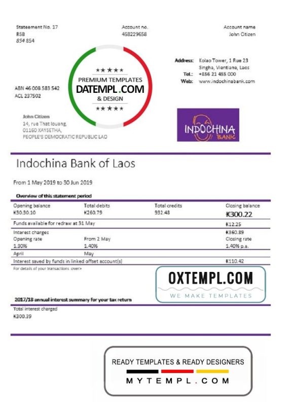 Laos Indochina Bank statement example in Word and PDF format
