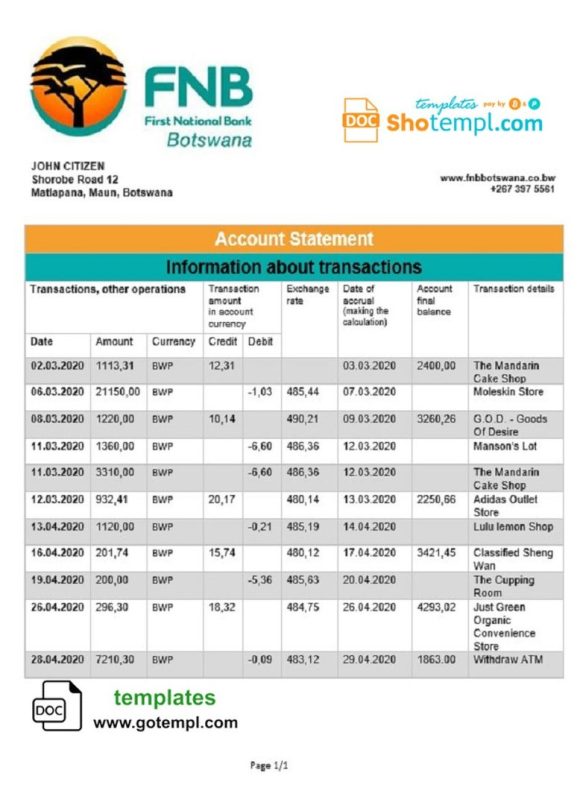 Botswana First National Bank statement example in Word and PDF format, good for address prove