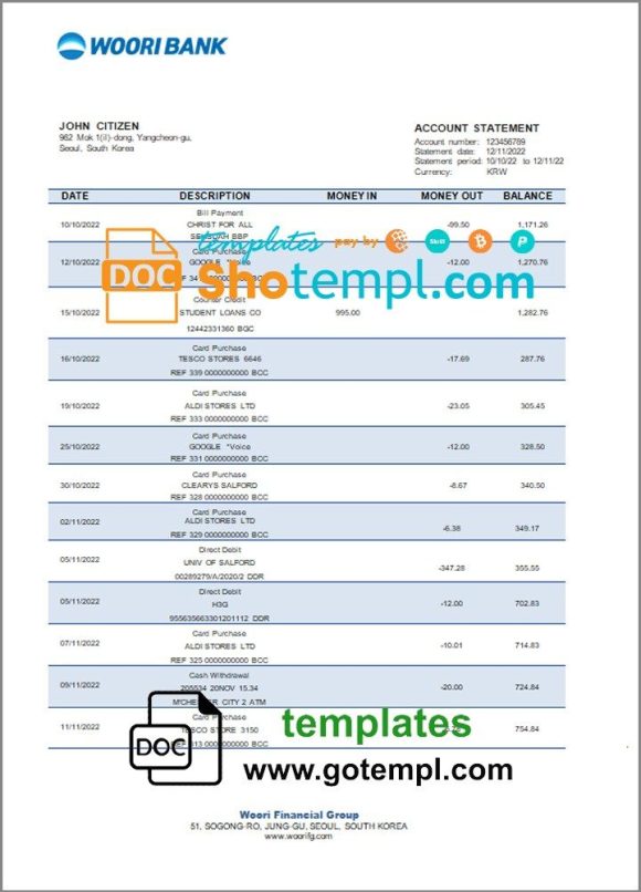 South Korean Woori bank statement 3 - 6 months example in Word and PDF format
