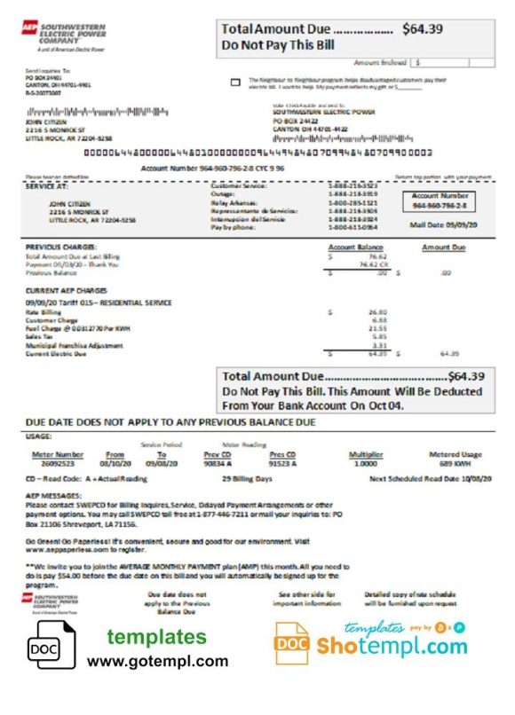 USA Louisiana AEP (Southwestern Electric Power Company) electricity utility bill download example in Word and PDF format