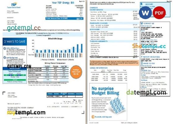 USA Arizona Tucson Electric Power (TEP) utility bill download, Word and PDF example, 2 pages