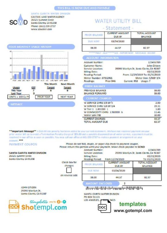 USA California Santa Clarita Water Division (SCWD) utility bill download example in Word and PDF format