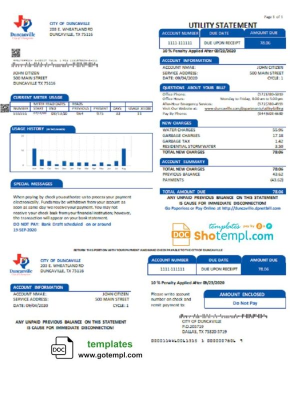 USA Texas City of Duncanville water, sewer, garbage utility bill download example in Word and PDF format