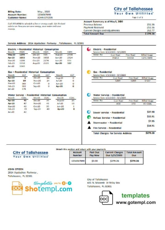 USA Florida City of Tallahassee Florida Your Own Utilities bill example in Word and PDF format