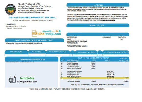 USA County of Orange California property tax bill example in Word and PDF format