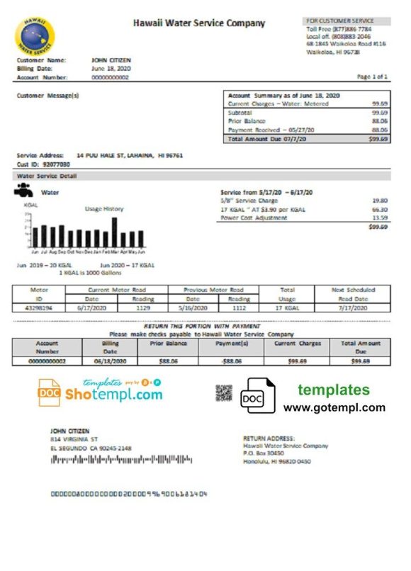 USA Hawaii Water Service Company utility bill download example in Word and PDF (.doc and .pdf) format