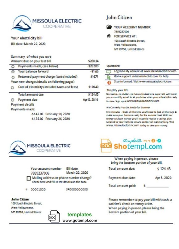 USA Montana Missoula Electric Cooperative electricity utility bill download example in Word and PDF format