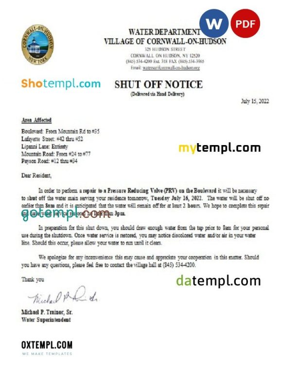 USA New York Cornwall-on-Hudson water utility bill download shutoff notice, Word and PDF example