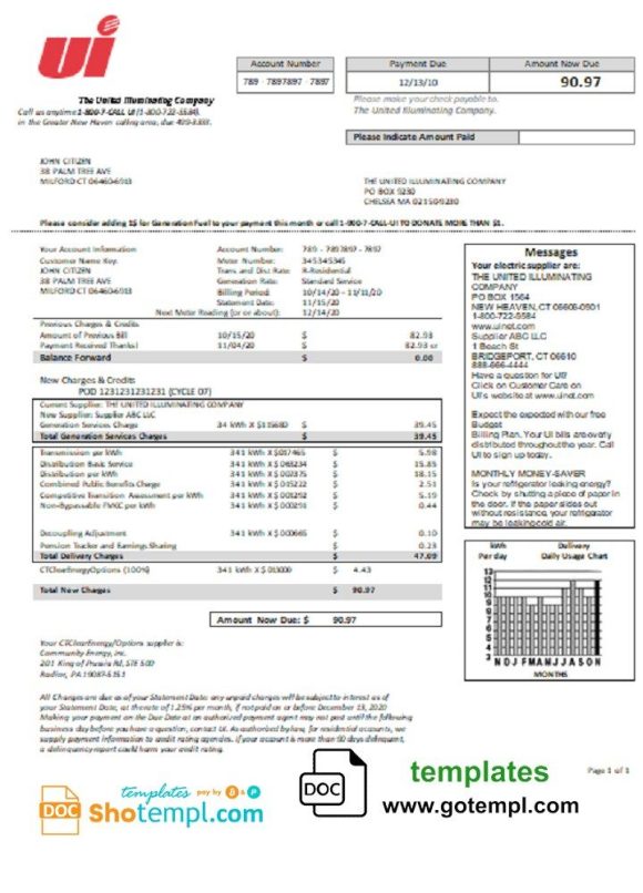 USA Connecticut The United Illuminating Company electricity utility bill download example in Word and PDF format
