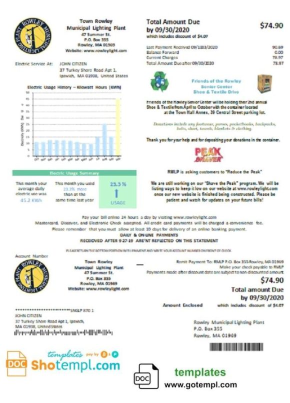 USA Massachusetts Town of Rowley Municipal Lighting Plant electricity utility bill download example in Word and PDF format