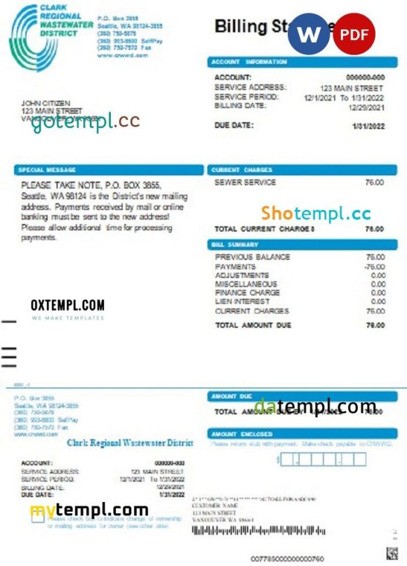 USA Washington Clark Regional Wastewater District utility bill download, Word and PDF example