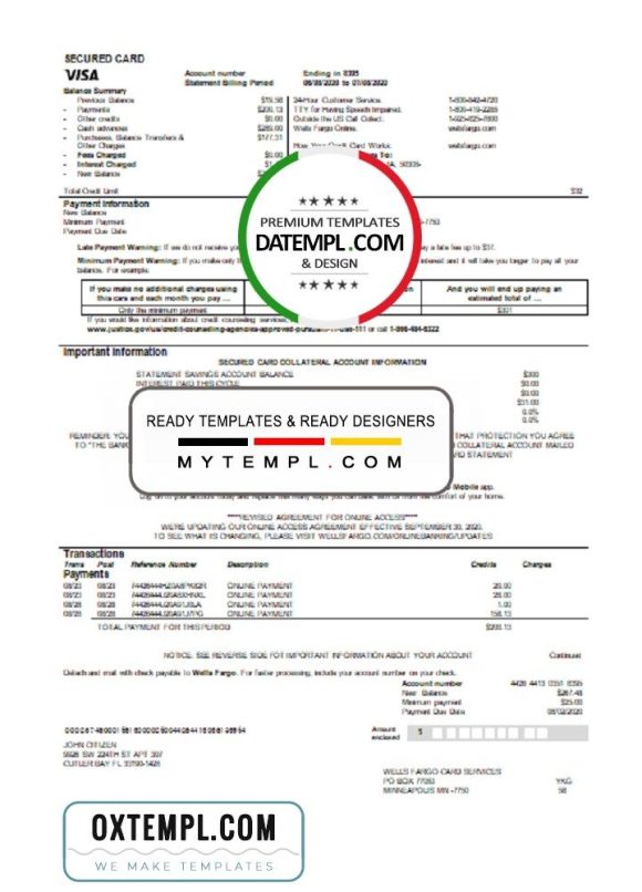 USA Wells Fargo bank credit card statement example in Word and PDF format