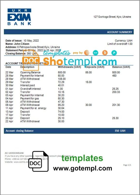 Ukrainian Ukreximbank Bank statement example, Word and PDF format (.doc and .pdf)