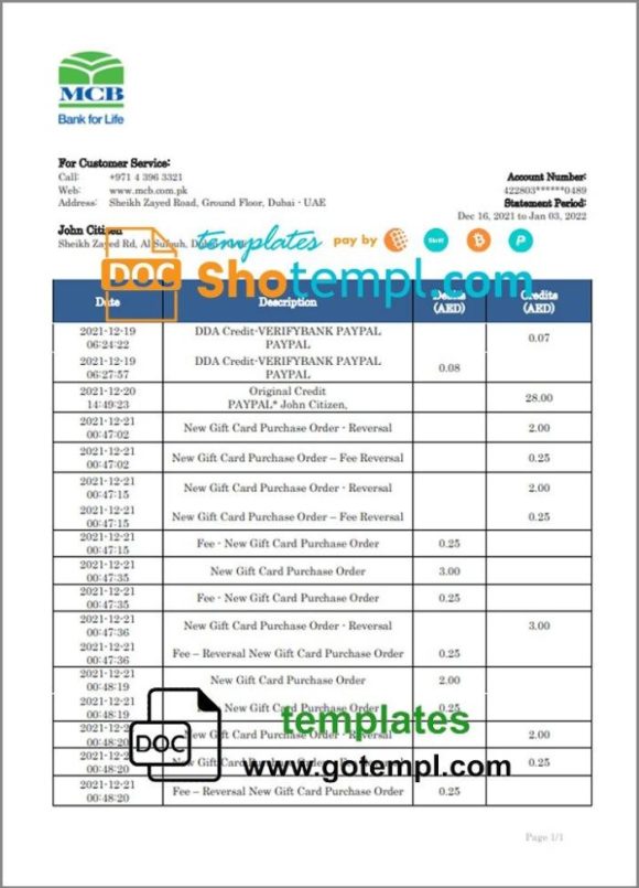United Arab Emirates MCB bank statement 3 - 6 months example in Word and PDF format